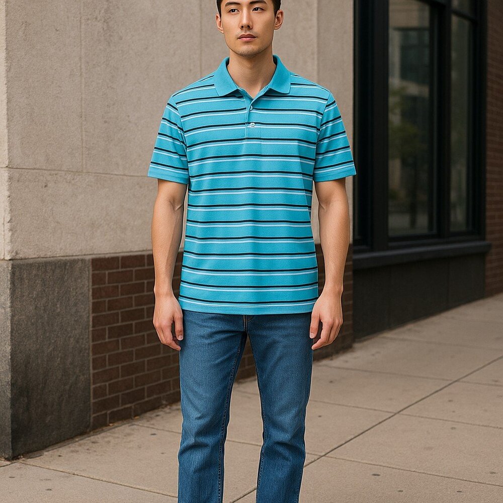 Callaway Golf Polo Shirt Mens Size M Blue Black Stripe Short Sleeve Flaw